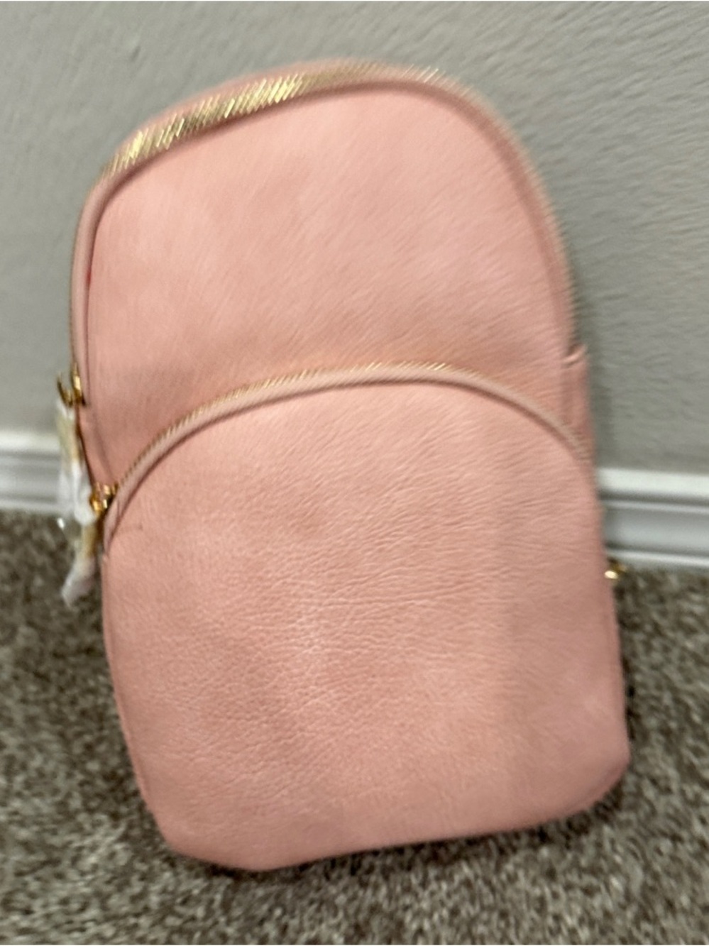 Compact Pink vegan Leather Mini Backpack with Gold Accents cross body
